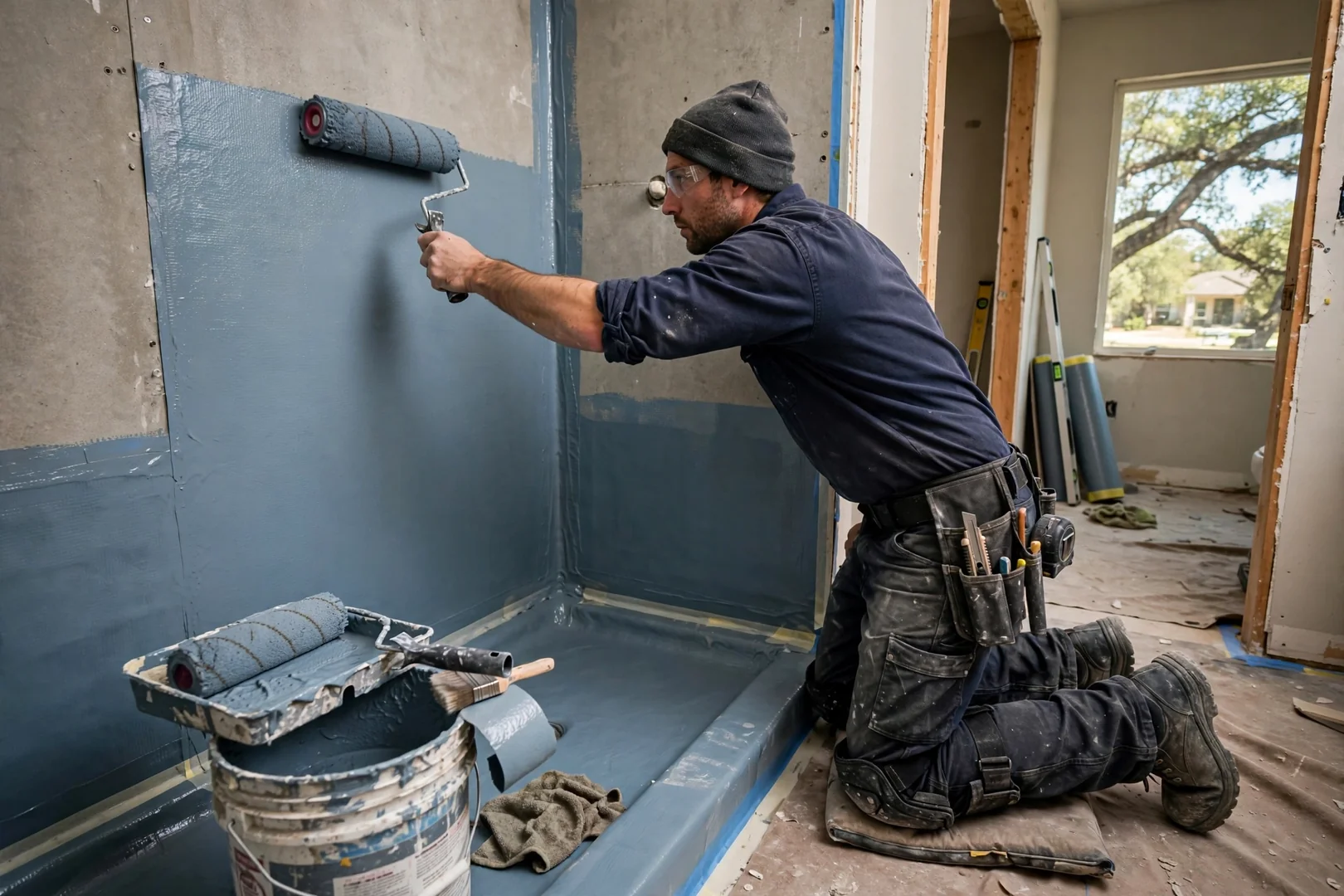 Crew member applying bonded waterproofing membrane to shower walls before tiling