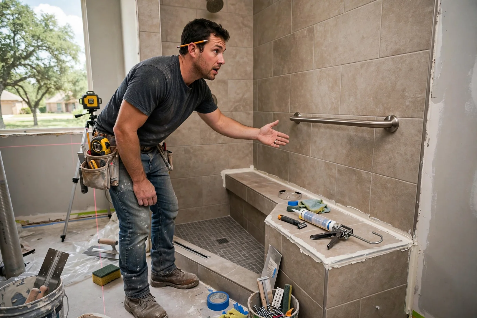 Low-threshold walk-in shower with bench seating and grab bar in Rowlett bathroom