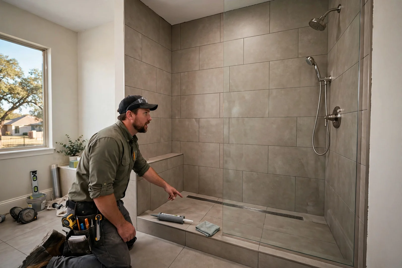Finished tub-to-shower conversion with large-format porcelain tile and linear drain