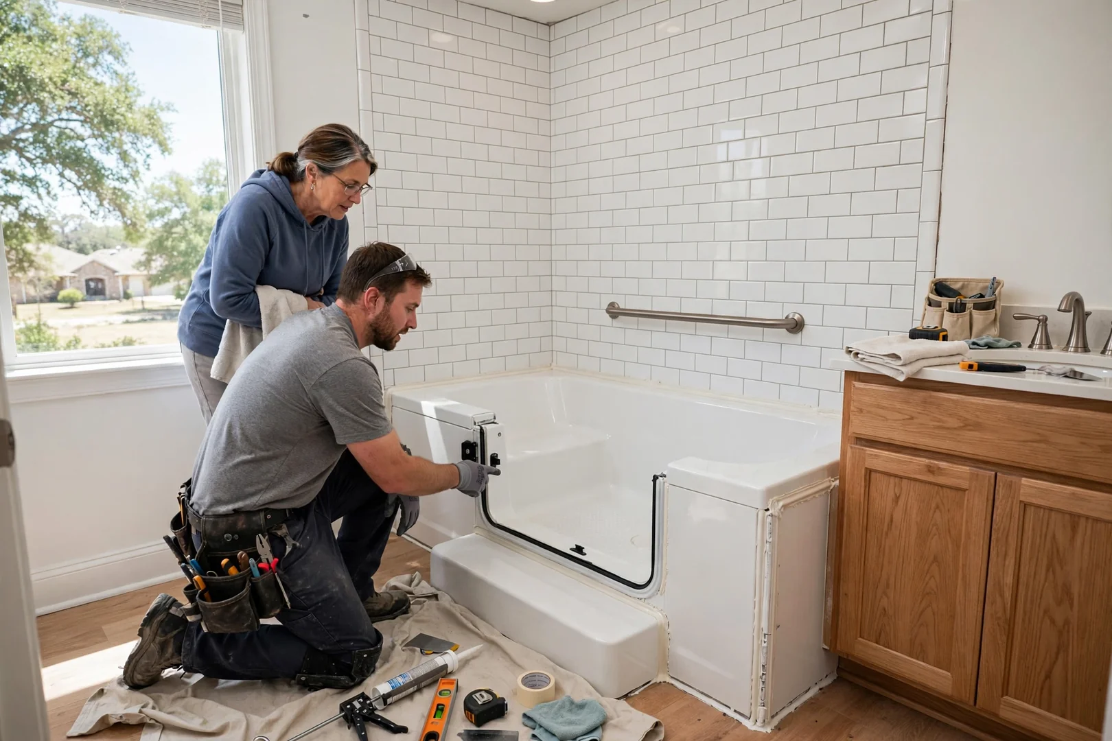 Walk-in tub with low step-in door installed in a bright Rowlett bathroom