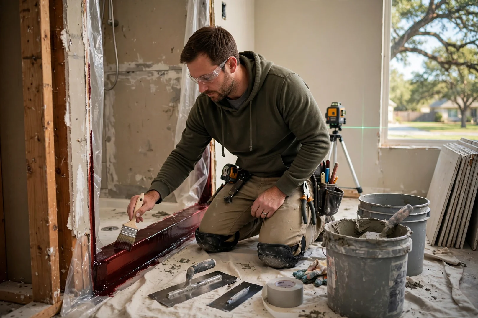 Technician setting a walk-in tub with sealed door into a reinforced bathroom alcove