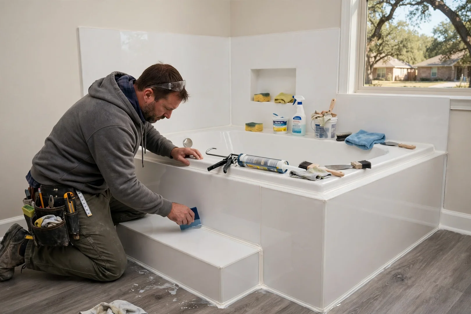 Finished walk-in soaker tub with sealed acrylic surround in a Rowlett home