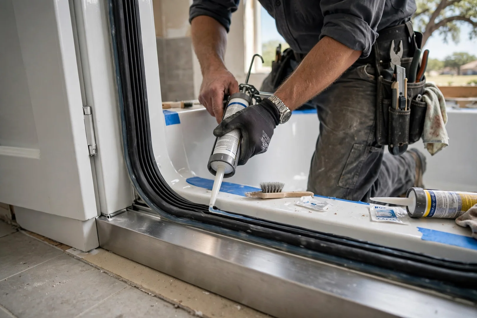 Close-up of watertight door gasket and low threshold on a new walk-in tub