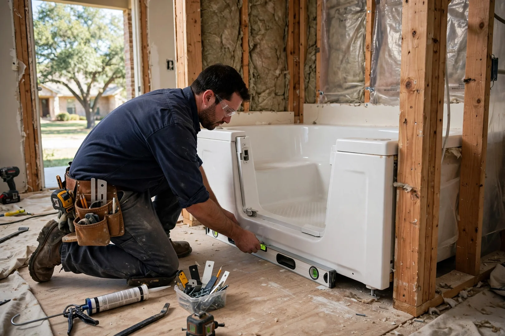 Installer leveling a walk-in tub base against the framed alcove wall