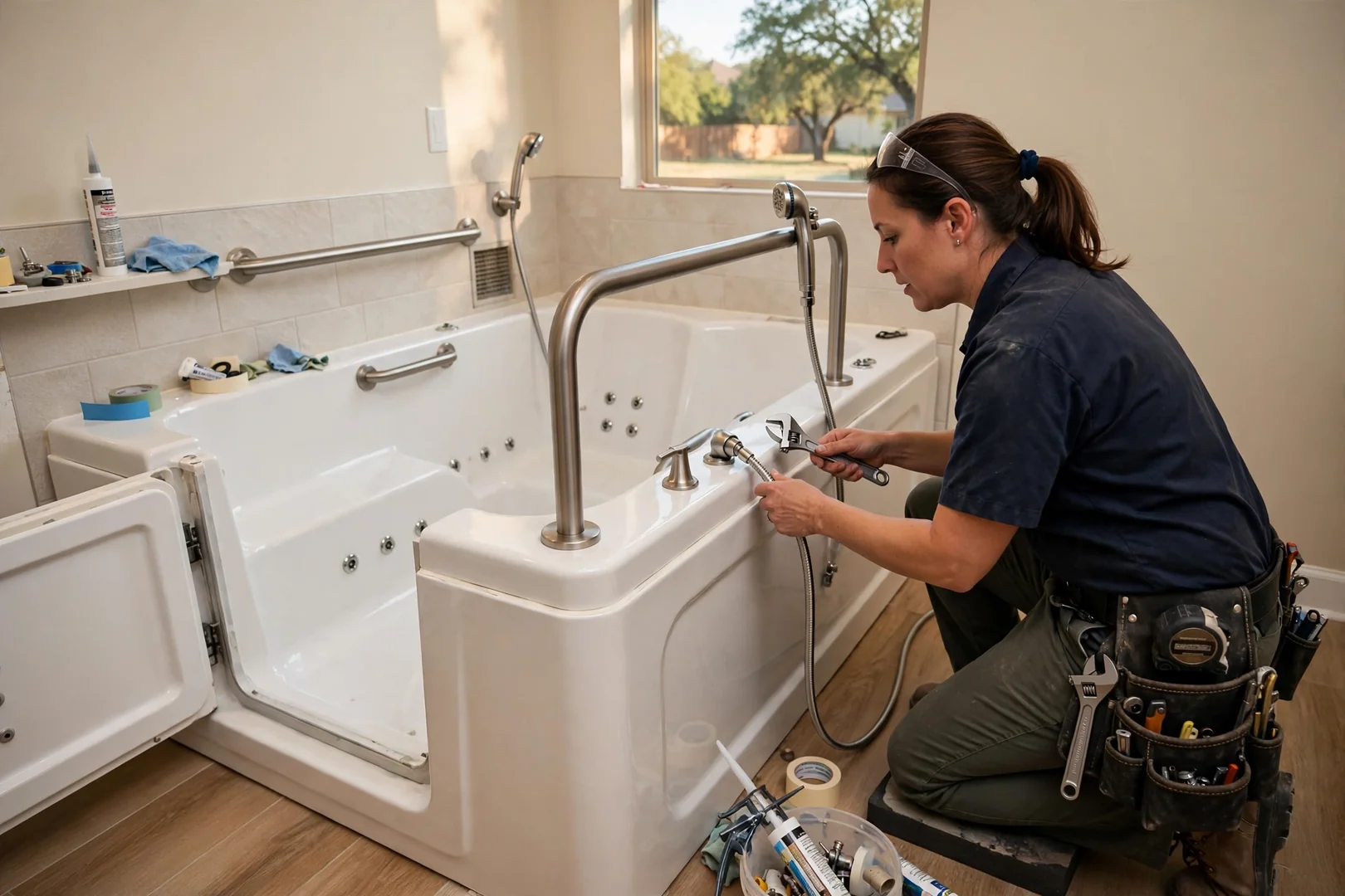 Hydrotherapy walk-in tub with grab bars and handheld sprayer in guest bath