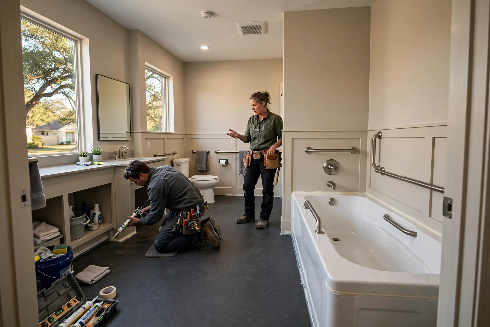 Wide view of a completed accessible bathroom with walk-in tub and slip-resistant flooring
