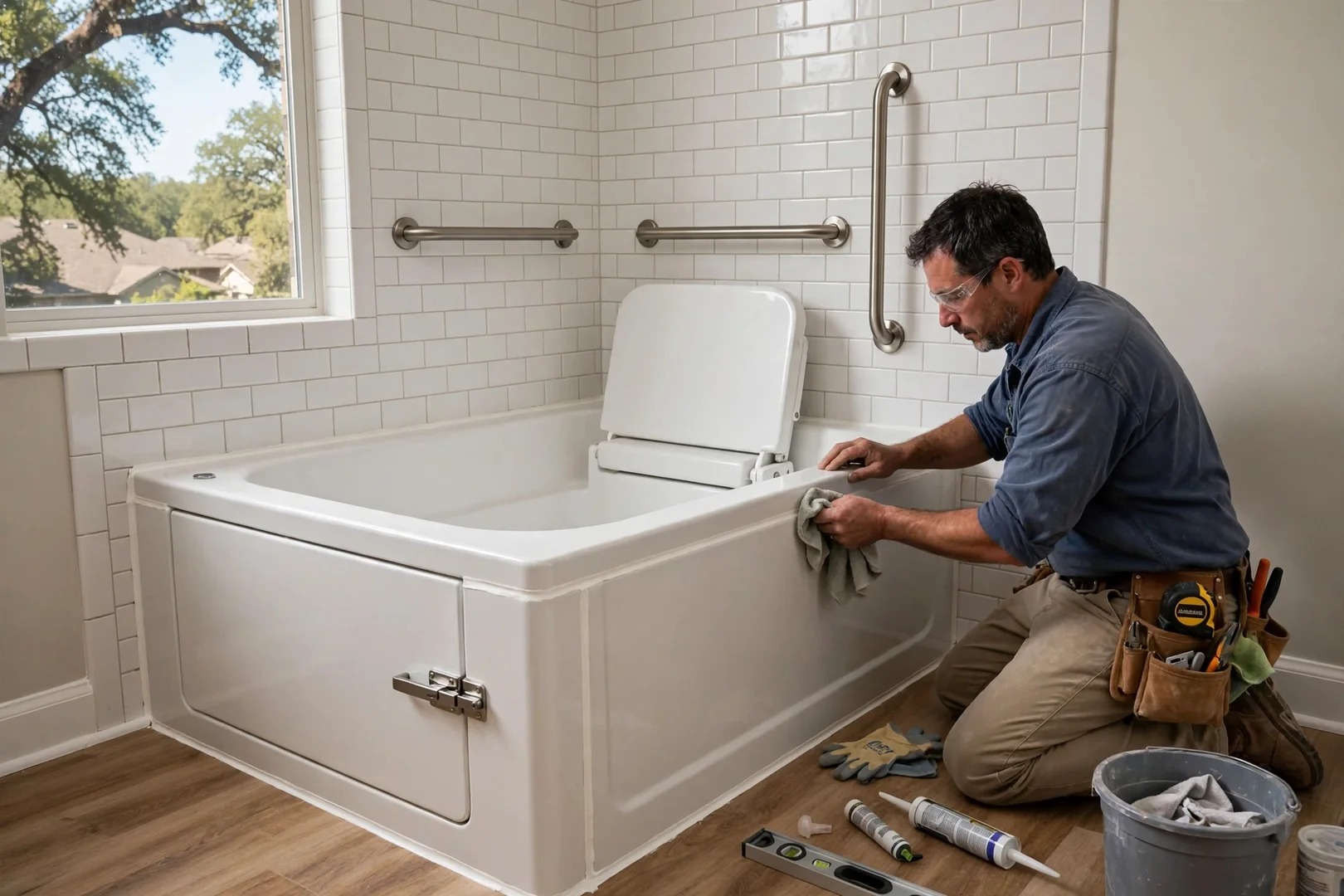 Finished walk-in tub with grab bars and seat in a Rowlett home bathroom