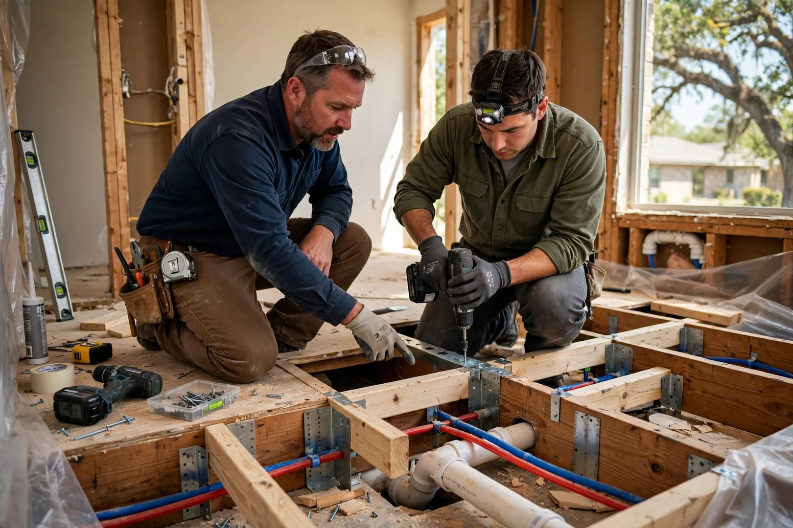Crew reinforcing floor framing and plumbing before walk-in tub placement