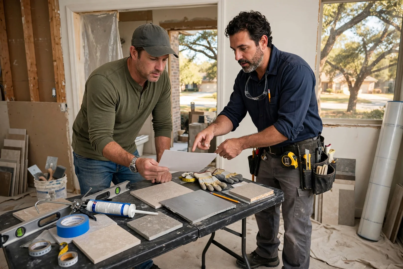 Homeowner reviewing a written estimate with a bathroom remodeling contractor